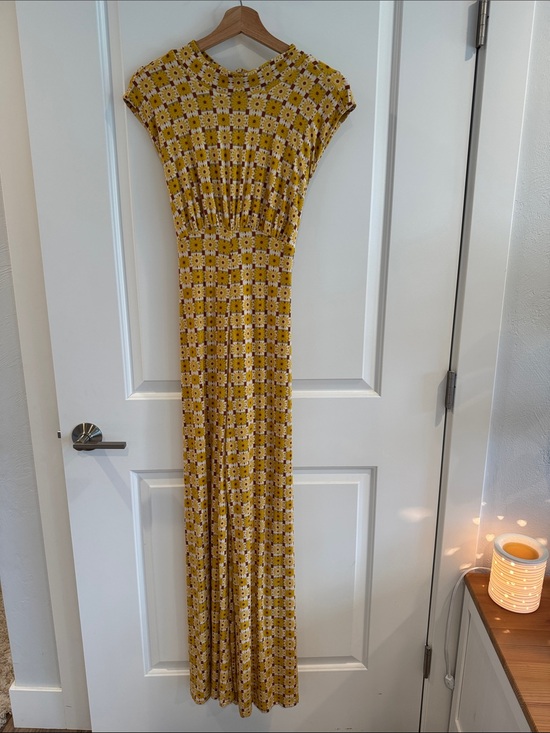 Free People Pants - Free People Vibe Check Jumpsuit Yellow Floral Tile Wide Leg Retro 70s Small